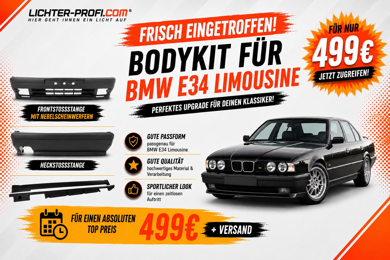 Upgrade Design Bodykit Set passend für BMW 5er E34 Limousine / Touring Front + Heck 87-97 + Seite 88-95