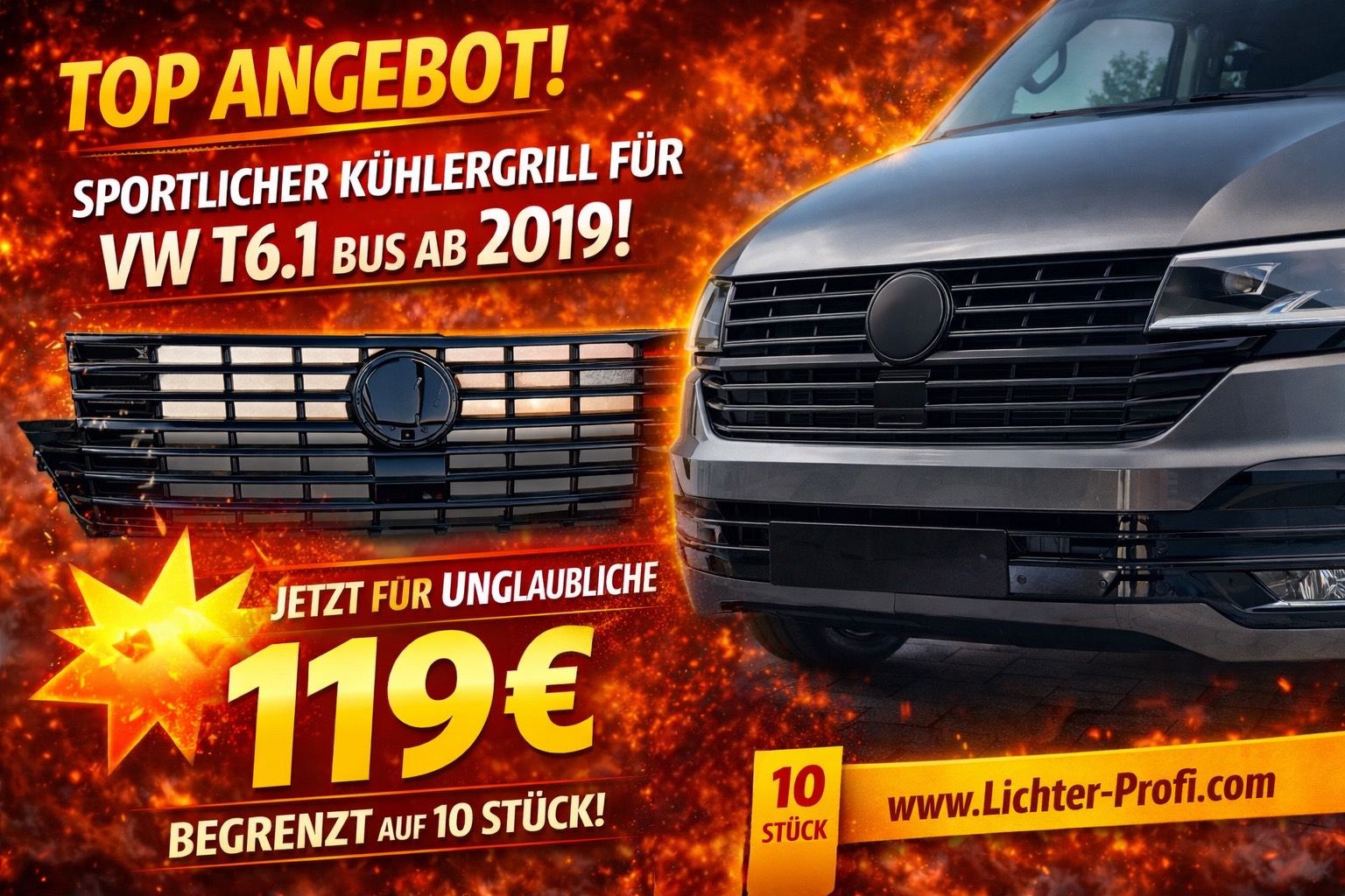 Upgrade Design Kühlergrill mit Emblemhalter für Volkswagen T6.1 ab 2019 Hochglanz schwarz