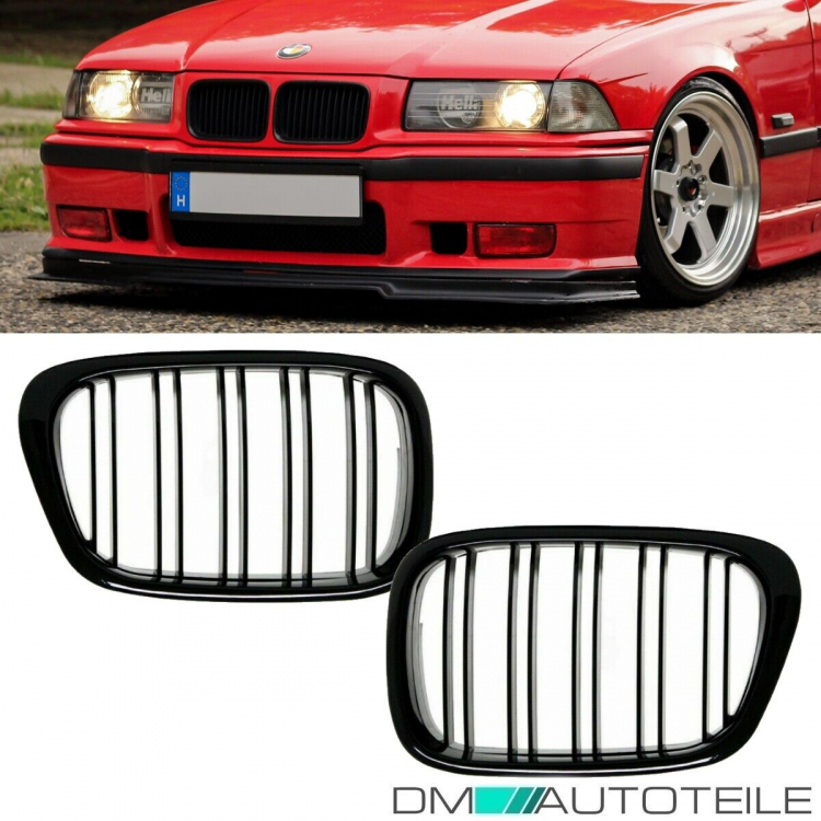 SATZ 2x Kühlergrill Doppelsteg Schwarz Hochglanz passend für BMW 3er E36 Bj. 91-96 M M3