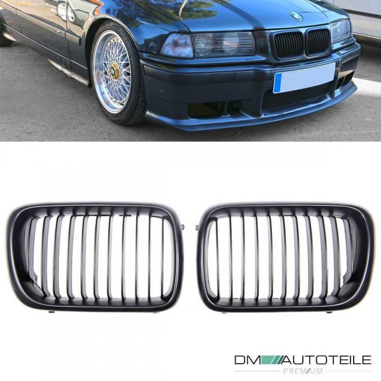 Satz 2x Kühlergrill Schwarz Matt Einzelsteg passend für BMW 3er E36 Facelift ab 1996-9999