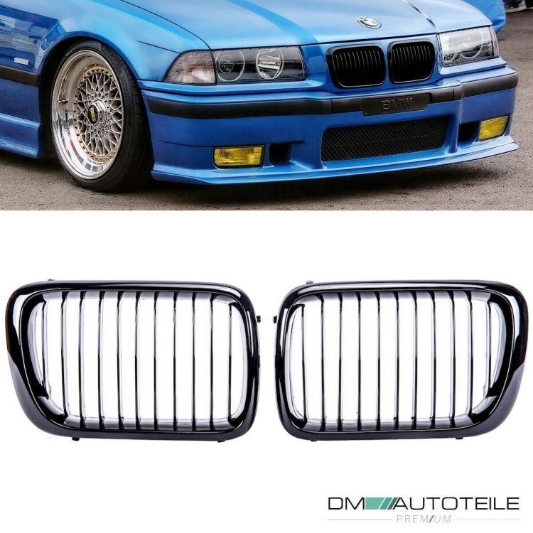 Kühlergrill Grill SET Schwarz Glanz Einzelsteg für BMW 3er E36 Facelift ab 1996