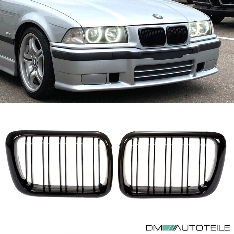 Satz 2x Kühlergrill Grill Schwarz Glanz Doppelsteg passend für BMW 3er E36 Facelift ab Baujahr 1996