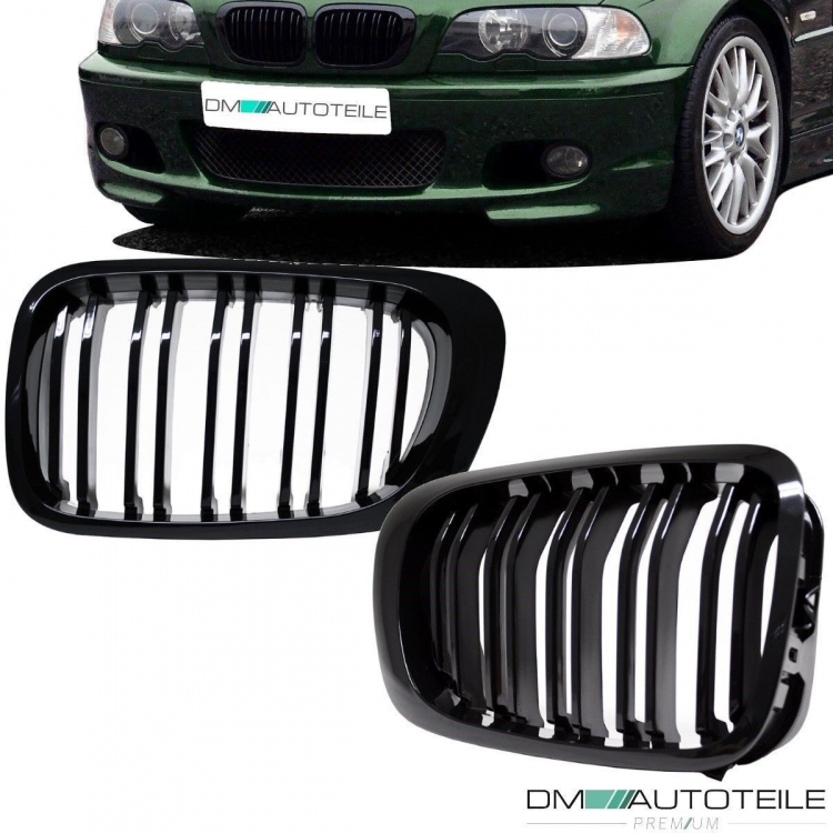 2x Kühlergrill Schwarz Glanz Doppelsteg SET passt für BMW 3er E46 Coupe Cabrio 99-03 SPORT