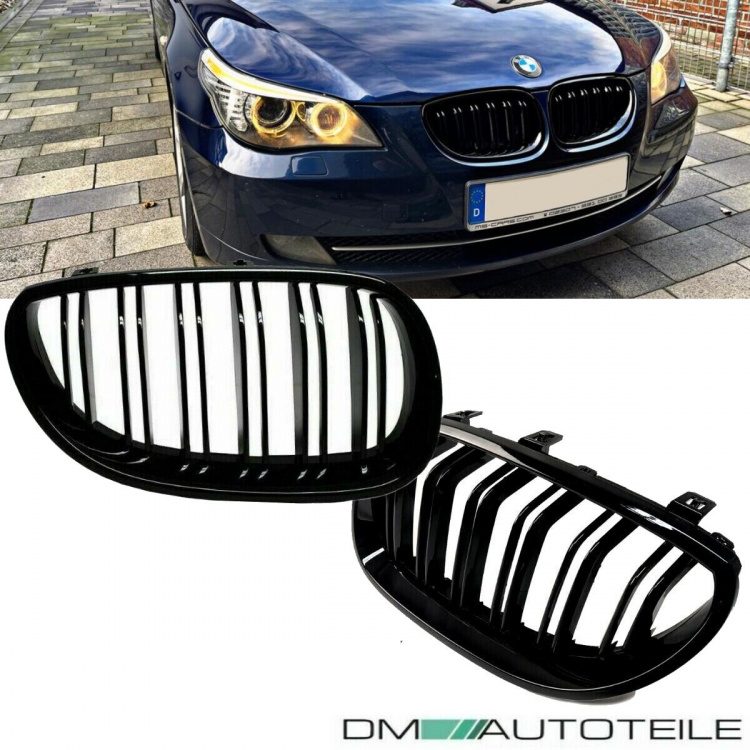 SET Kühlergrill Schwarz Hochglanz Doppelsteg passend für BMW 5er E60 E61 + M M5