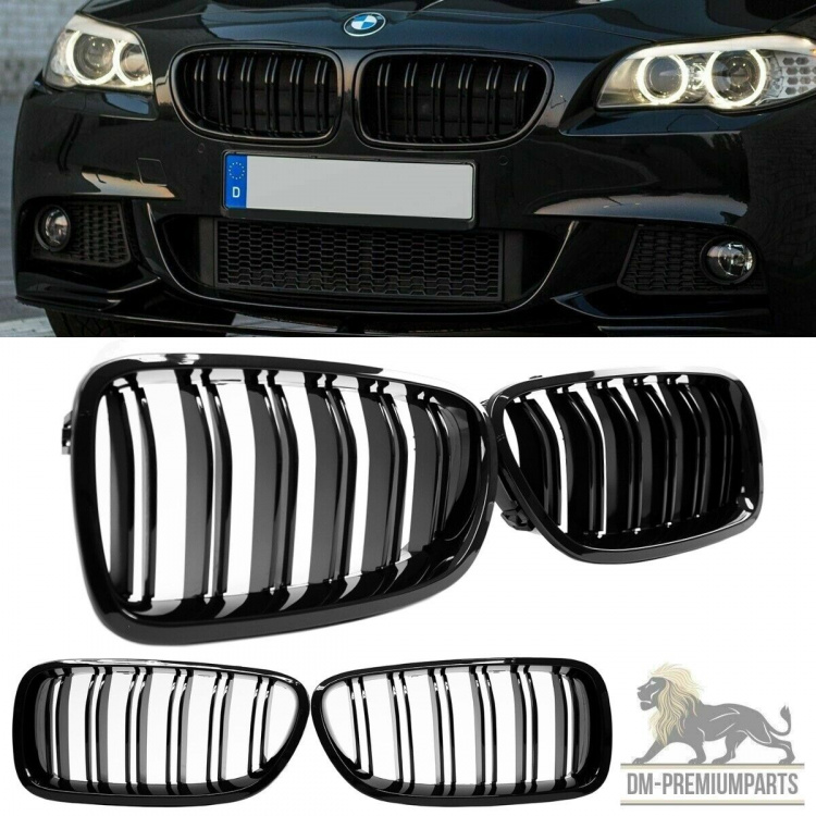 SET Kühlergrill Grill Schwarz Glanz Doppelsteg +Emblemhalter passend für BMW 5er F10 F11 auch M M5