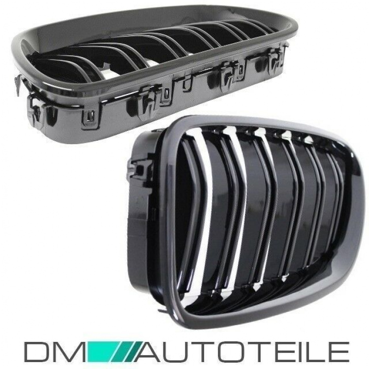 SET Kühlergrill Grill Schwarz Glanz Doppelsteg +Emblemhalter passend für BMW 5er F10 F11 auch M M5