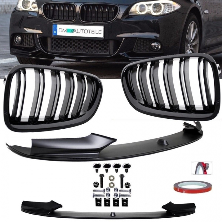 Sport-Performance Front Spoiler + Doppelsteg Kühlergrill Schwarz glanz  passt für BMW 5er F10 F11 M-Paket