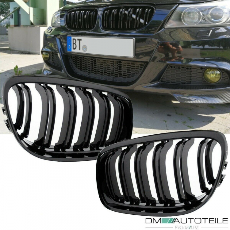 2x Kühlergrill Schwarz Hochglanz Doppelsteg passend für BMW 3er E90 E91 auch LCI 08-11 FACELIFT