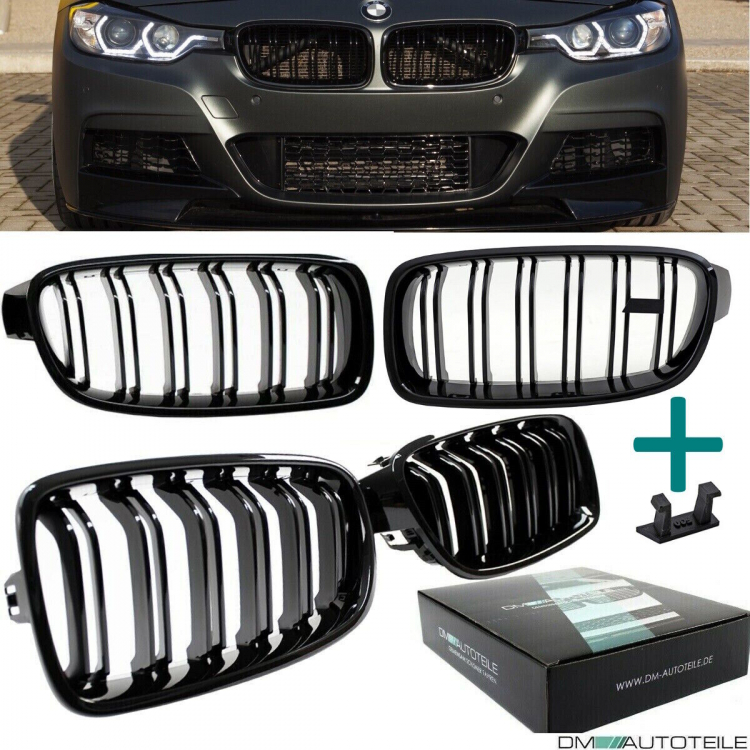 Kühlergrill Grill Schwarz Glanz Doppelsteg Sport passend für BMW 3er F30 F31 alle Modelle 2011-2019 +Emblemhalter