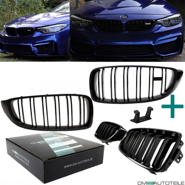 2x Kühlergrill Schwarz Glanz Doppelsteg +Emblemhalter passend für BMW 4er F32 F33 F36 auch M4 + M alle Modelle