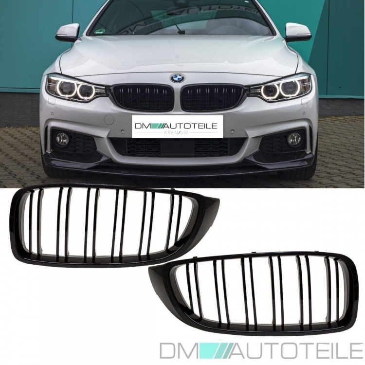 2x Kühlergrill Schwarz Glanz Doppelsteg +Emblemhalter passend für BMW 4er F32 F33 F36 auch M4 + M alle Modelle