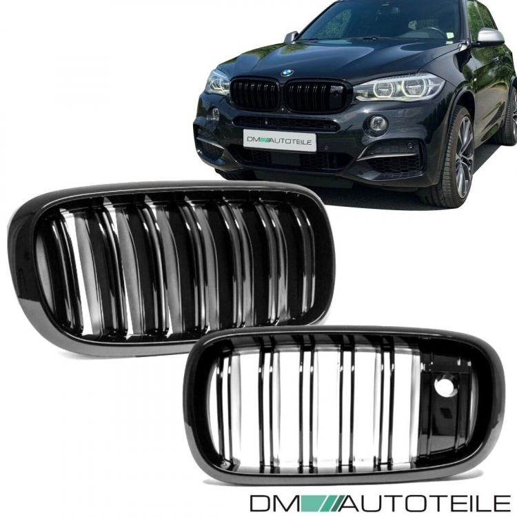 Satz Kühlergrill Schwarz Glanz Doppelsteg passend für BMW X5 F15 +X6 F16 13-17 mit Kamerasystem