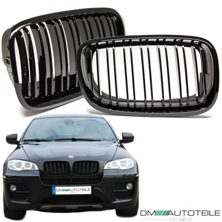 SATZ Kühlergrill Schwarz Glanz Doppelsteg passend für BMW X5 E70 06-13 + BMW X6 E71 E72 08-15