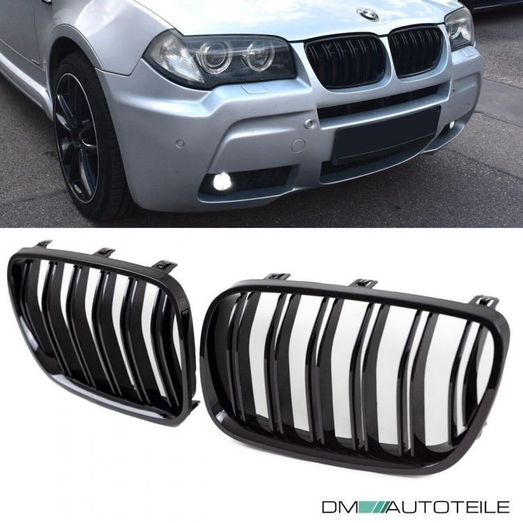 Satz Kühlergrill SET Schwarz Hochglanz Doppelsteg passend für BMW X3 E83 LCI 06-11
