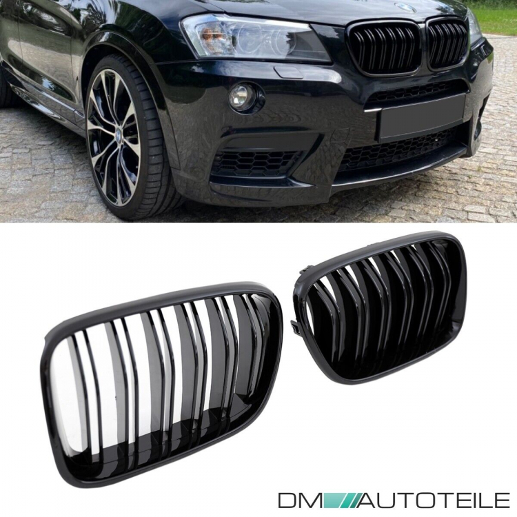 2x Kühlergrill SET Schwarz Hochglanz Sport Doppelsteg passend für BMW X3 F25 10-