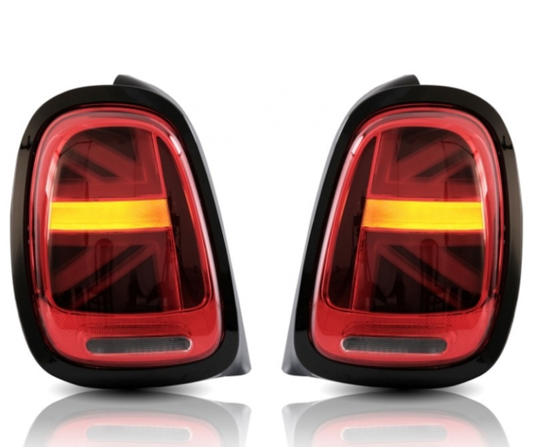 VOLL LED Lightbar Union Jack Design Rückleuchten für Mini Cooper F55/F56/F57 14-19 rot/klar mit dynamischem Blinker