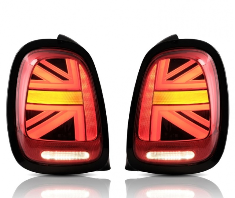 VOLL LED Lightbar Union Jack Design Rückleuchten für Mini Cooper F55/F56/F57 14-19 rot/klar mit dynamischem Blinker