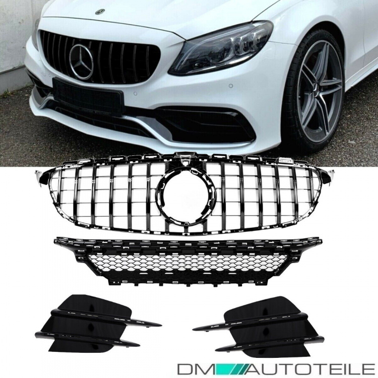Kühlergrill +Gitter SET hochglanz schwarz passt für Mercedes W205 C205 S205 A205 Mopf AMG Line + C43 auf Panamericana GT