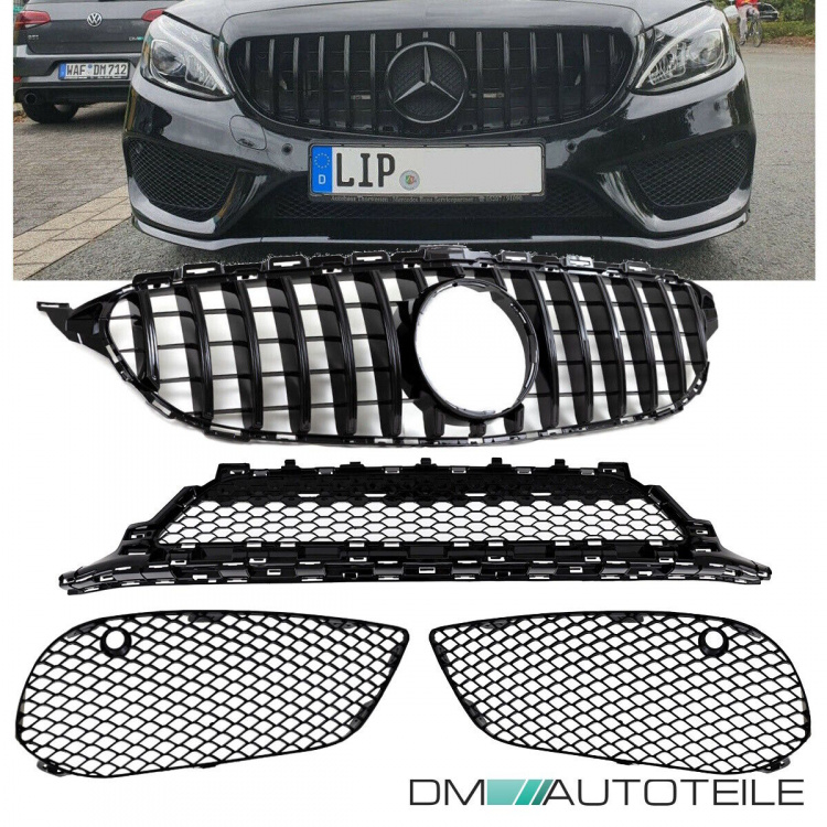 Kühlergrill + Gitter Waben Schwarz Glanz passend für Mercedes C Klasse W205 S205 14-18 mit AMG Line auf Set Panamericana GT