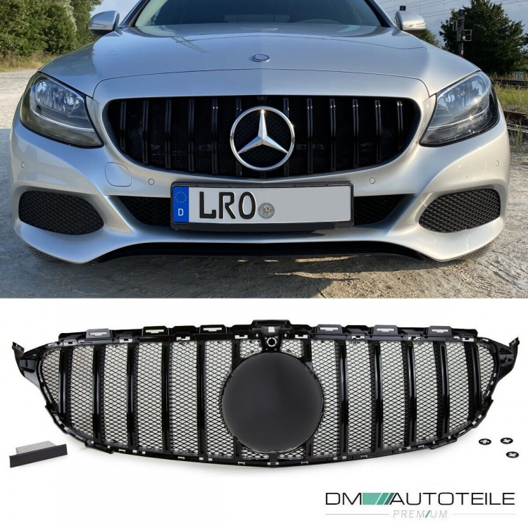 Kühlergrill Grill Schwarz Glanz +Race Gitter exklusiv passend für Mercedes C Klasse W205 S205 14-18 auf Sport-Panamericana GT