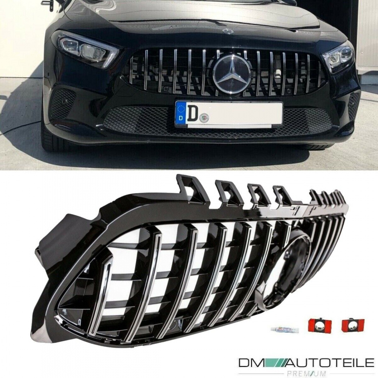 Kühlergrill Schwarz Chrom passt für Mercedes A-Klasse W177 Bj ab 2018 ohne Kamera Loch auf Sport-Panamericana GT