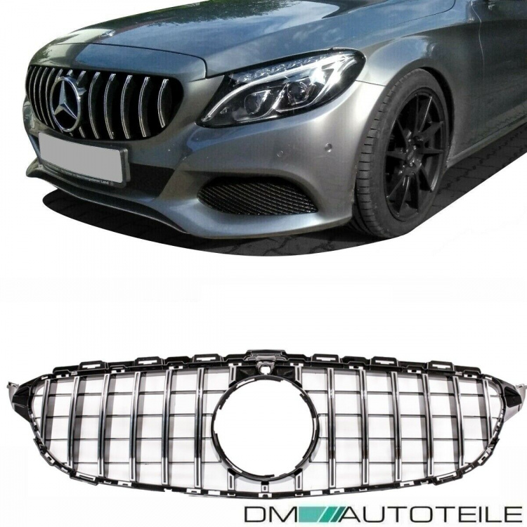 Kühlergrill Schwarz Chrom passt für Mercedes C-Klasse W205 14-18 + 360° Kamera auf Sport-Panamerica GT