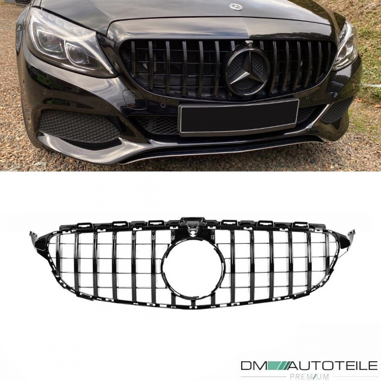 Kühlergrill Grill Schwarz Glanz mit Kamera passt für Mercedes C-Klasse W205 S205 2014-2018 auf Sport-Panamericana GT