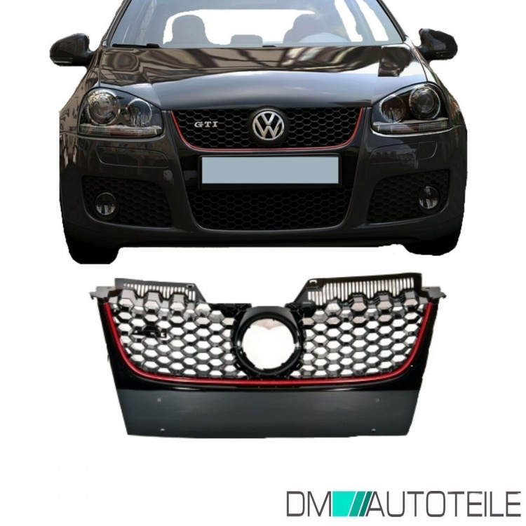 Frontgrill Kühlergrill Wabengrill hochglanz mit Leiste Rot passt für VW Golf 5 ab 2003-2008