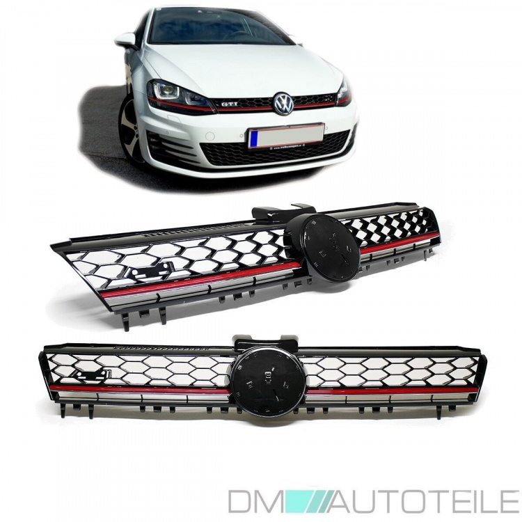 Kühlergrill Front Grill Schwarz Glanz Rote Leiste für Emblem passt für VW Golf 7 nicht GTI bj 12-16