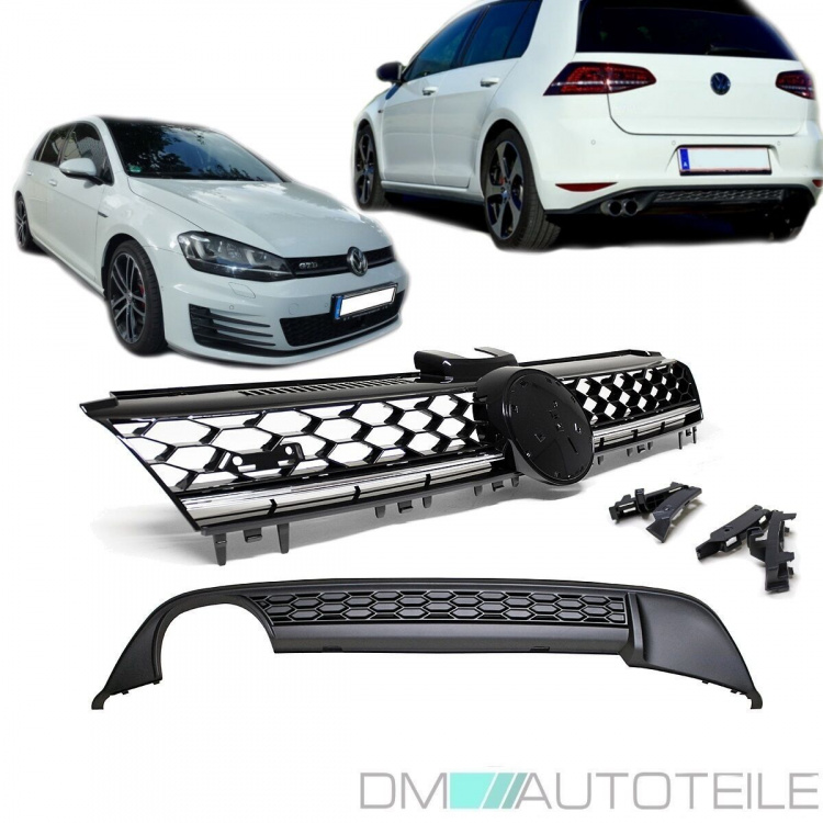 Kühlergrill Grill Chrom Schwarz + Heckdiffusor passt für Golf 7 GTD Umbau