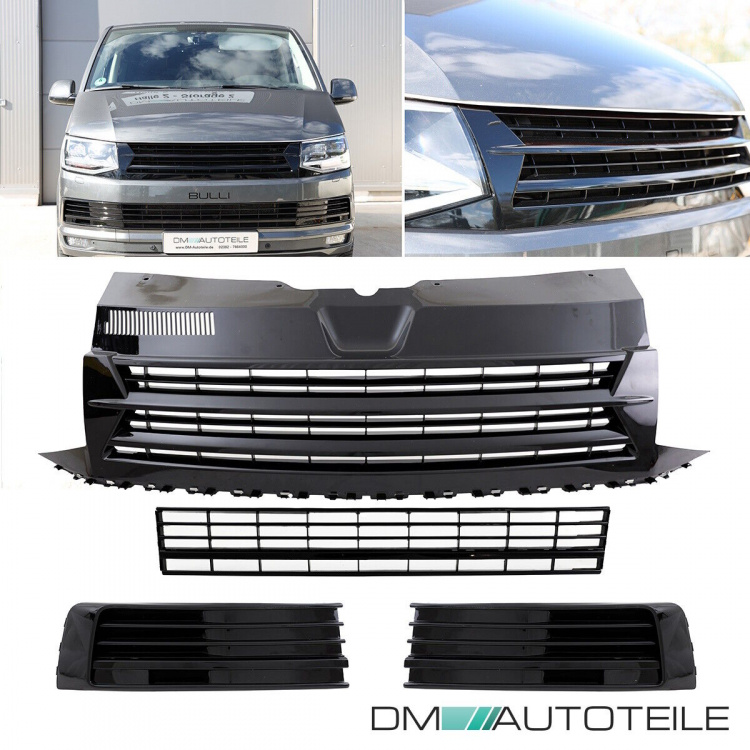 Set Kühlergrill clean+ Gitter Stoßstange unten Hochglanz Schwarz passt für VW T6 alle Modelle 2015-2019 auch Sportline