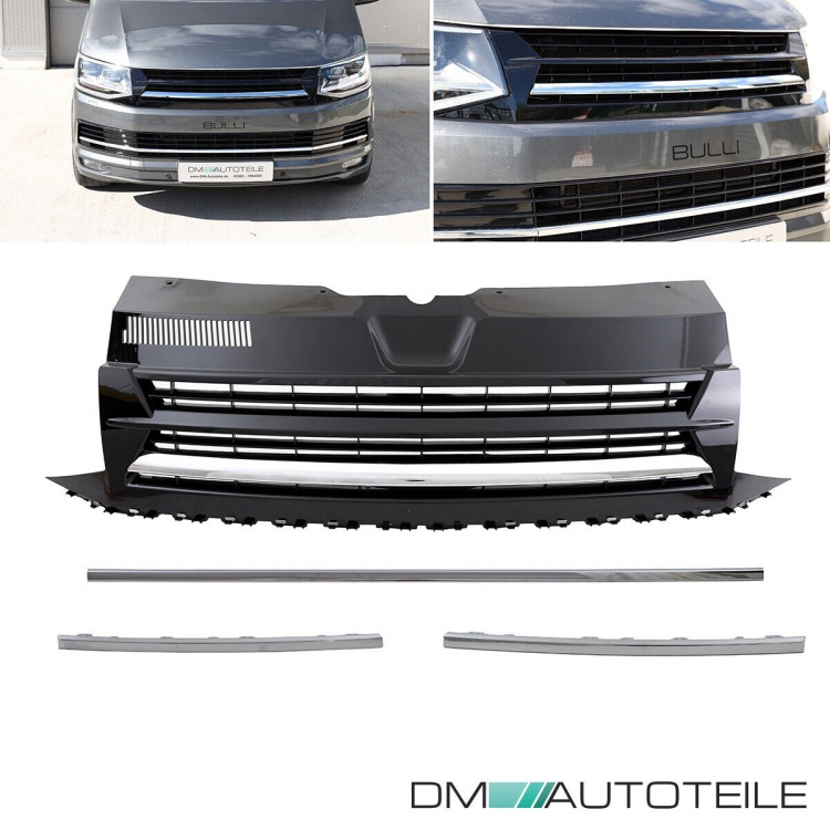 Set Kühlergrill clean+ Leisten Stoßstange unten Schwarz Chrom passt für VW T6 alle Modelle 2015-2019 auch Sportline