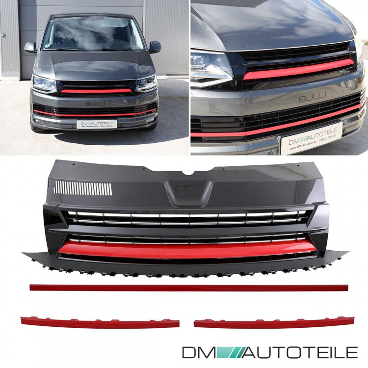 Set Kühlergrill clean+ Leiste Stoßstange unten Schwarz Rot passt für VW T6 alle Modelle 2015-2019 auch Sportline