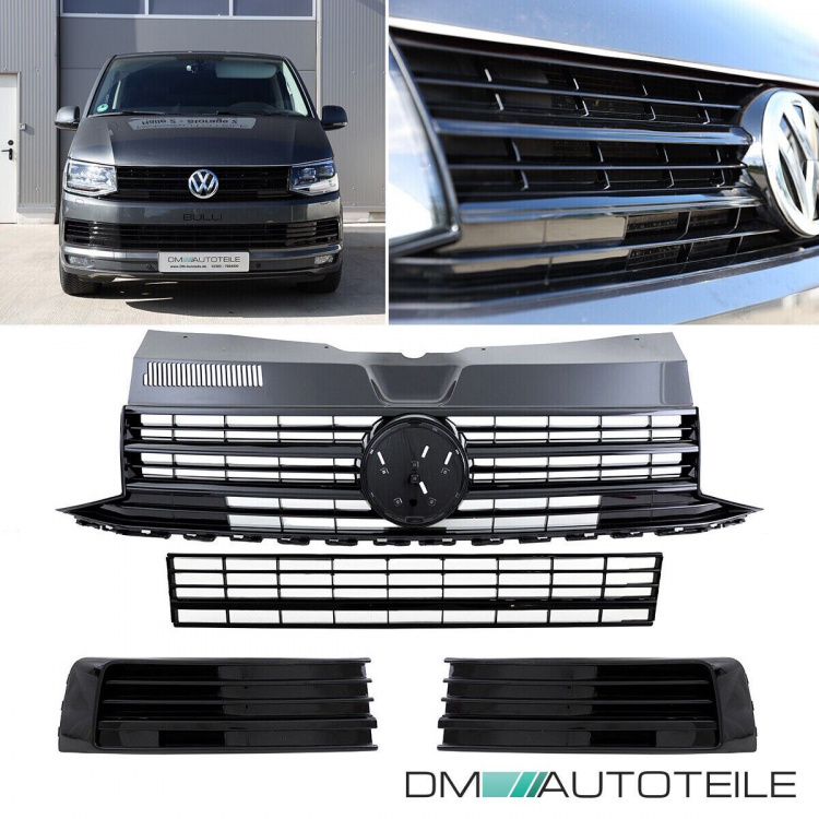 Set Kühlergrill für Emblem+ Gitter Stoßstange unten Hochglanz Schwarz passt für VW T6 alle Modelle 2015-2019 auch Sportline