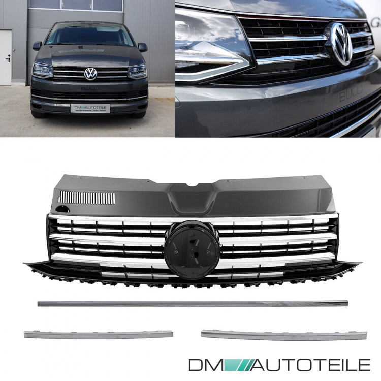 Set Kühlergrill für Emblem+ Leisten Set Stoßstange unten Hochglanz Schwarz Chrom passt für VW T6 alle Modelle 2015-2019 auch Sportline