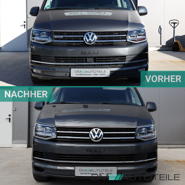 Set Kühlergrill für Emblem+ Leisten Set Stoßstange unten Hochglanz Schwarz Chrom passt für VW T6 alle Modelle 2015-2019 auch Sportline