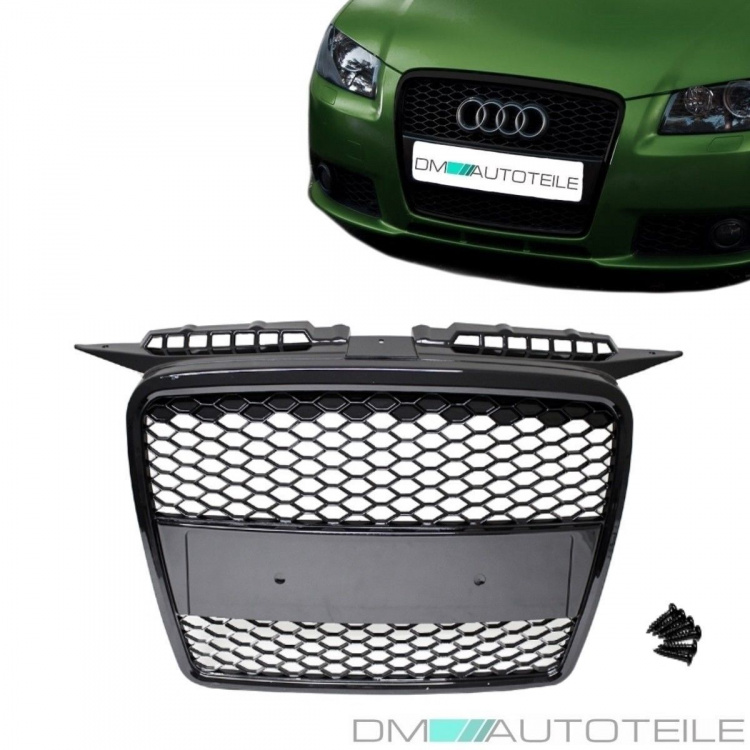 Kühlergrill Wabengrill Sport für Audi A3 8P 05-08 Schwarz Hochglanz+ Kennzeichenplatte integriert für RS3