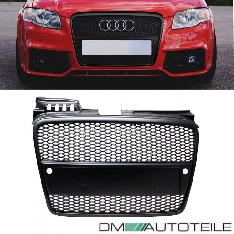 Kühlergrill Wabengrill Schwarz Seidenmatt + Kennzeichenleiste passend Audi A4 B7 04-08 + RS4