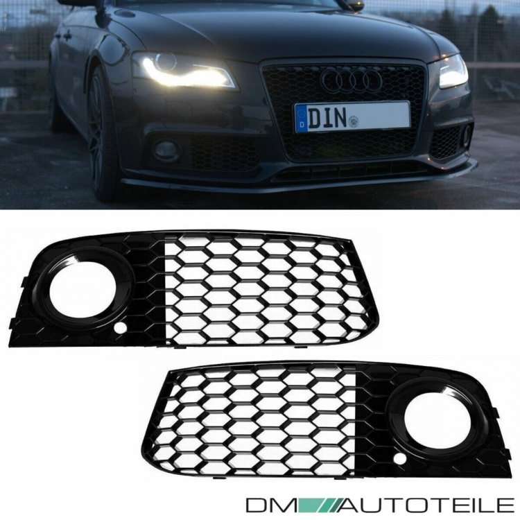 Set Audi A4 B8 Stoßstange Wabengrill Grilleinsatz Nebelscheinwerfer 08-12 Schwarz Hochglanz