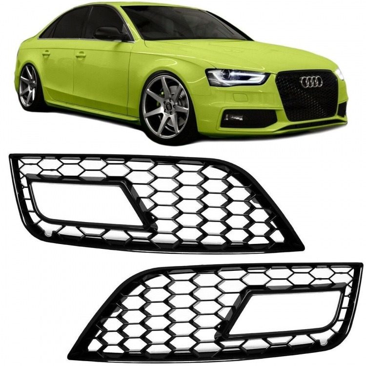 Stoßstange Grilleinsatz für Nebelscheinwerfer Schwarz Hochglanz passend Audi A4 B8 11-15 + RS4