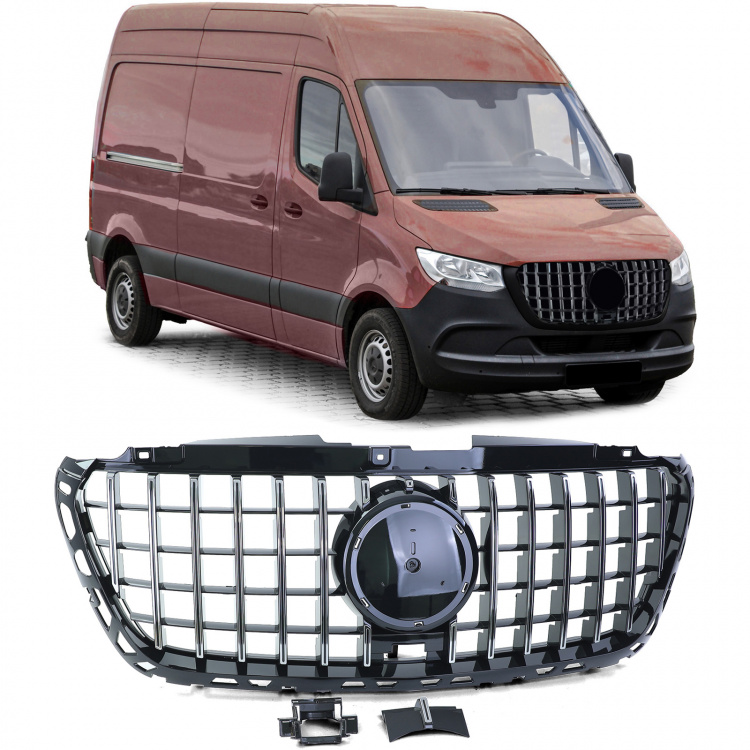 Upgrade Sportgrill / Kühlergrill für Mercedes Benz Sprinter W907/910 18+ Hochglanz schwarz / Chrom