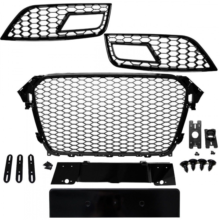 SET Kühlergrill Wabengrill + Nebelscheinwerfergitter Schwarz Hochglanz passend Audi A4 B8 11-15 + RS4
