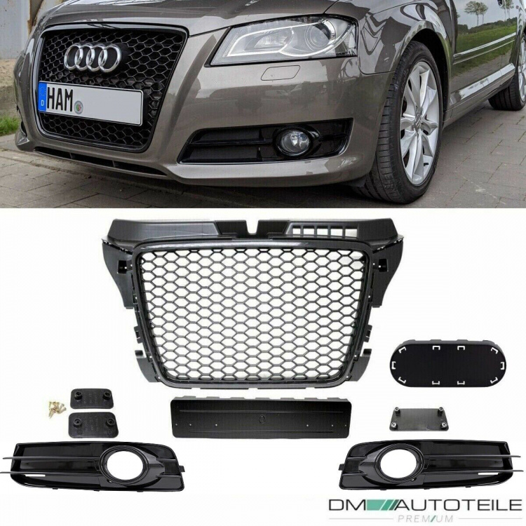 Set Wabengrill + Stoßstangengitter hochglanz Schwarz passt für Audi A3 8P Facelift S-Line ab 2008-2012