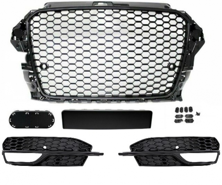 Set Wabendesign Kühlergrill Wabengrill Schwarz Glanz +Gitter passend für Audi A3 8V 12-16 nur S-Line