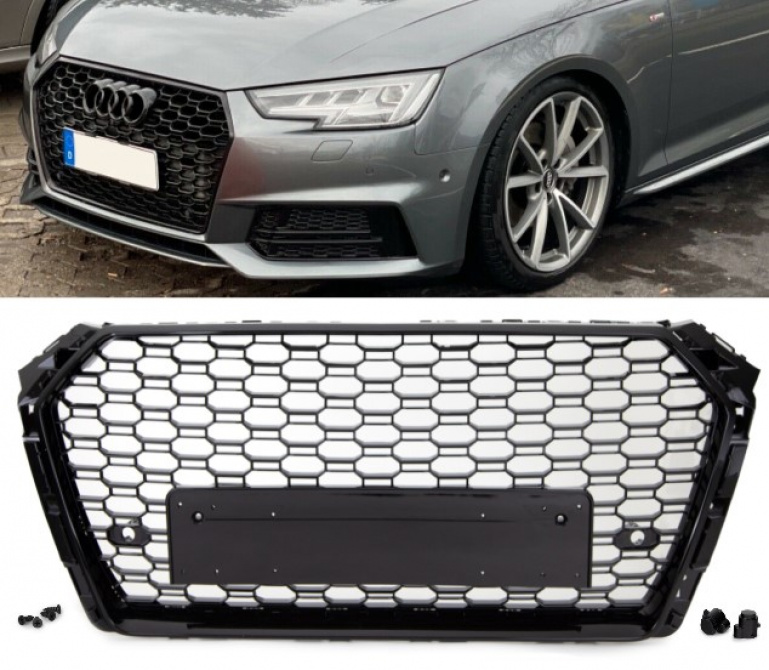 Upgrade Sportgrill / Kühlergrill mit Nebelscheinwerfergittern für Audi A4 B9 (8W) S-Line 15-19 Hochglanz schwarz in Wabendesign