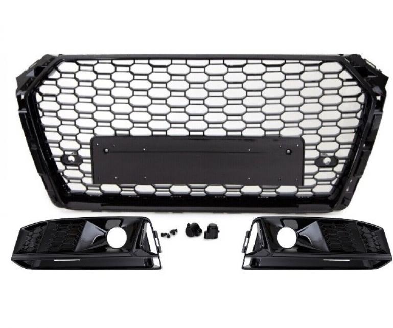 Upgrade Sportgrill / Kühlergrill mit Nebelscheinwerfergittern für Audi A4 B9 (8W) S-Line 15-19 Hochglanz schwarz in Wabendesign