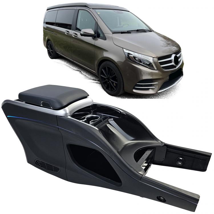 Upgrade Luxury Line Staufach Mittelkonsole Ablage für Mercedes Benz Vito W447 Automatik 14-23 mit LED Beleuchtung, USB, Kühlfunktion