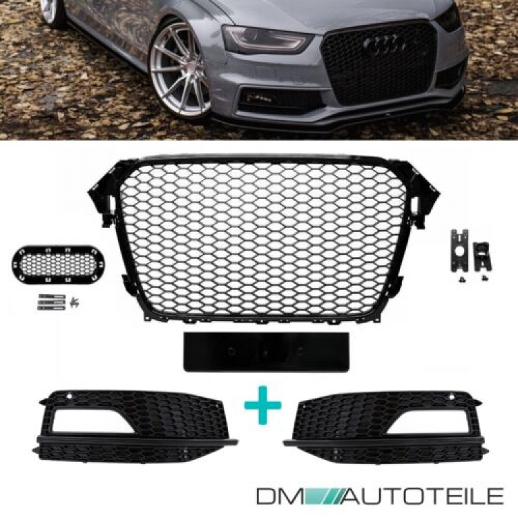 Kühlergrill Wabengrill + Stoßstangengitter SET hochglanz Schwarz passt für Audi A4 B8 S-Line ab 11-15