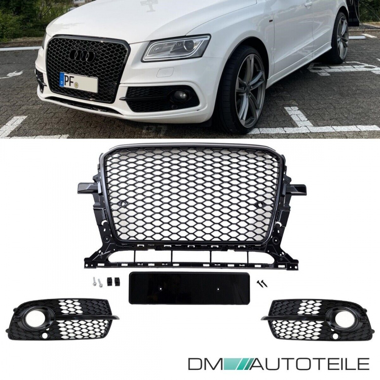 Kühlergrill Wabendesign +Gitter Set Schwarz glanz komplett mit/ohne PDC passt für Audi Q5 8R Facelift ab 2012 S-Line