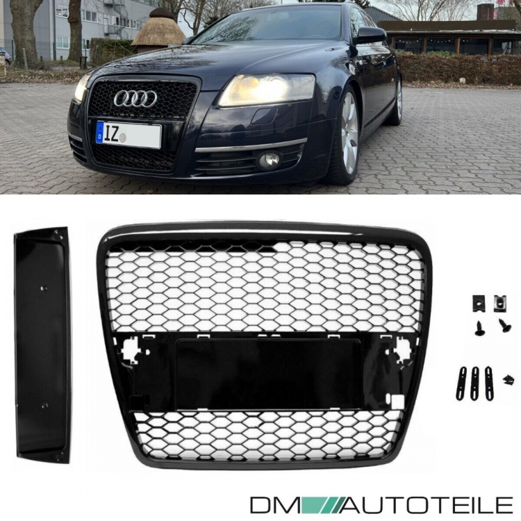 Kühlergrill Wabengrill Schwarz Hochglanz + Kennzeichenplatte passend für Audi A6 C6 4F Bj 04-09 nicht RS6